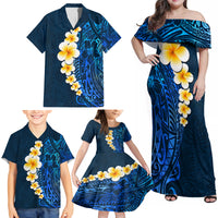Blue Polynesia Family Matching Off Shoulder Maxi Dress and Hawaiian Shirt Plumeria Tropical Leaves With Galaxy Polynesian Art - Wonder Print Shop