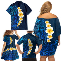 Blue Polynesia Family Matching Off Shoulder Short Dress and Hawaiian Shirt Plumeria Tropical Leaves With Galaxy Polynesian Art - Wonder Print Shop