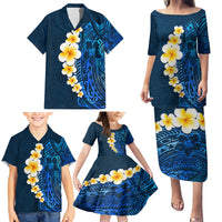 Blue Polynesia Family Matching Puletasi Dress and Hawaiian Shirt Plumeria Tropical Leaves With Galaxy Polynesian Art - Wonder Print Shop
