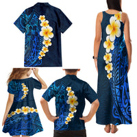 Blue Polynesia Family Matching Tank Maxi Dress and Hawaiian Shirt Plumeria Tropical Leaves With Galaxy Polynesian Art - Wonder Print Shop