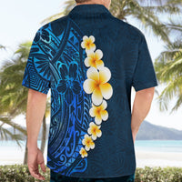 Blue Hawaiian shirt back on adult model with plumeria flower stripe and tribal motifs