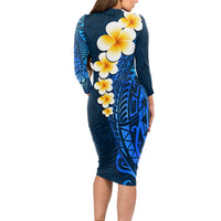 Blue Polynesia Long Sleeve Bodycon Dress Plumeria Tropical Leaves With Galaxy Polynesian Art - Wonder Print Shop