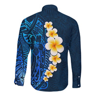 Blue Polynesia Long Sleeve Button Shirt Plumeria Tropical Leaves With Galaxy Polynesian Art - Wonder Print Shop