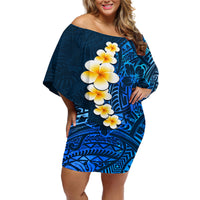 Blue Polynesia Off Shoulder Short Dress Plumeria Tropical Leaves With Galaxy Polynesian Art - Wonder Print Shop