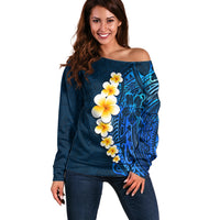 Blue Polynesia Off Shoulder Sweater Plumeria Tropical Leaves With Galaxy Polynesian Art - Wonder Print Shop