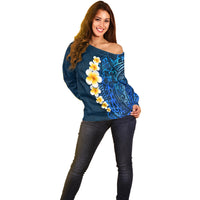Blue Polynesia Off Shoulder Sweater Plumeria Tropical Leaves With Galaxy Polynesian Art - Wonder Print Shop