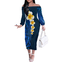 Blue Polynesia Off The Shoulder Long Sleeve Dress Plumeria Tropical Leaves With Galaxy Polynesian Art - Wonder Print Shop