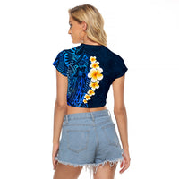 Blue Polynesia Raglan Cropped T Shirt Plumeria Tropical Leaves With Galaxy Polynesian Art - Wonder Print Shop