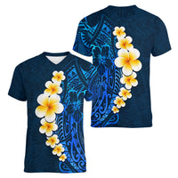 Blue Polynesia Women V Neck T Shirt Plumeria Tropical Leaves With Galaxy Polynesian Art - Wonder Print Shop