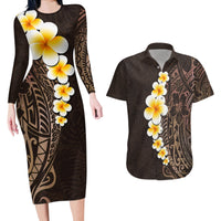 Brown Polynesia Couples Matching Long Sleeve Bodycon Dress and Hawaiian Shirt Plumeria Tropical Leaves With Galaxy Polynesian Art - Wonder Print Shop