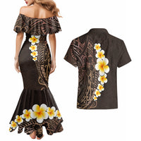 Brown Polynesia Couples Matching Mermaid Dress and Hawaiian Shirt Plumeria Tropical Leaves With Galaxy Polynesian Art - Wonder Print Shop