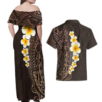 Brown Polynesia Couples Matching Off Shoulder Maxi Dress and Hawaiian Shirt Plumeria Tropical Leaves With Galaxy Polynesian Art - Wonder Print Shop