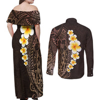 Brown Polynesia Couples Matching Off Shoulder Maxi Dress and Long Sleeve Button Shirt Plumeria Tropical Leaves With Galaxy Polynesian Art - Wonder Print Shop