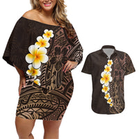 Brown Polynesia Couples Matching Off Shoulder Short Dress and Hawaiian Shirt Plumeria Tropical Leaves With Galaxy Polynesian Art - Wonder Print Shop