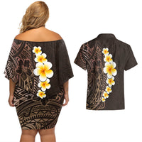 Brown Polynesia Couples Matching Off Shoulder Short Dress and Hawaiian Shirt Plumeria Tropical Leaves With Galaxy Polynesian Art - Wonder Print Shop