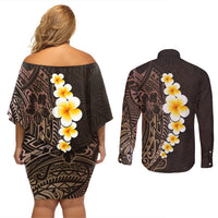 Brown Polynesia Couples Matching Off Shoulder Short Dress and Long Sleeve Button Shirt Plumeria Tropical Leaves With Galaxy Polynesian Art - Wonder Print Shop