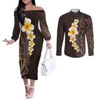 brown-polynesia-couples-matching-off-the-shoulder-long-sleeve-dress-and-long-sleeve-button-shirt-plumeria-tropical-leaves-with-galaxy-polynesian-art