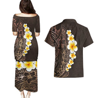 Brown Polynesia Couples Matching Puletasi Dress and Hawaiian Shirt Plumeria Tropical Leaves With Galaxy Polynesian Art - Wonder Print Shop