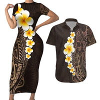Brown Polynesia Couples Matching Short Sleeve Bodycon Dress and Hawaiian Shirt Plumeria Tropical Leaves With Galaxy Polynesian Art - Wonder Print Shop