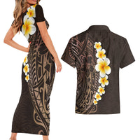 Brown Polynesia Couples Matching Short Sleeve Bodycon Dress and Hawaiian Shirt Plumeria Tropical Leaves With Galaxy Polynesian Art - Wonder Print Shop
