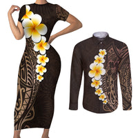 Brown Polynesia Couples Matching Short Sleeve Bodycon Dress and Long Sleeve Button Shirt Plumeria Tropical Leaves With Galaxy Polynesian Art - Wonder Print Shop