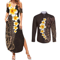 Brown Polynesia Couples Matching Summer Maxi Dress and Long Sleeve Button Shirt Plumeria Tropical Leaves With Galaxy Polynesian Art - Wonder Print Shop
