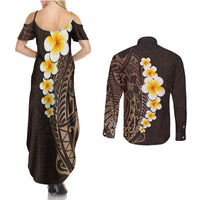 Brown Polynesia Couples Matching Summer Maxi Dress and Long Sleeve Button Shirt Plumeria Tropical Leaves With Galaxy Polynesian Art - Wonder Print Shop
