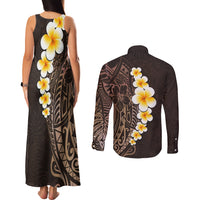 Brown Polynesia Couples Matching Tank Maxi Dress and Long Sleeve Button Shirt Plumeria Tropical Leaves With Galaxy Polynesian Art - Wonder Print Shop
