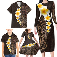 Brown Polynesia Family Matching Long Sleeve Bodycon Dress and Hawaiian Shirt Plumeria Tropical Leaves With Galaxy Polynesian Art - Wonder Print Shop