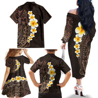 Brown Polynesia Family Matching Off Shoulder Long Sleeve Dress and Hawaiian Shirt Plumeria Tropical Leaves With Galaxy Polynesian Art - Wonder Print Shop