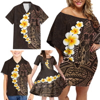 Brown Polynesia Family Matching Off Shoulder Short Dress and Hawaiian Shirt Plumeria Tropical Leaves With Galaxy Polynesian Art - Wonder Print Shop