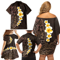Brown Polynesia Family Matching Off Shoulder Short Dress and Hawaiian Shirt Plumeria Tropical Leaves With Galaxy Polynesian Art - Wonder Print Shop