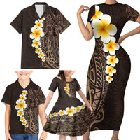 Brown Polynesia Family Matching Short Sleeve Bodycon Dress and Hawaiian Shirt Plumeria Tropical Leaves With Galaxy Polynesian Art - Wonder Print Shop