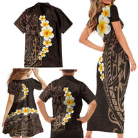 Brown Polynesia Family Matching Short Sleeve Bodycon Dress and Hawaiian Shirt Plumeria Tropical Leaves With Galaxy Polynesian Art - Wonder Print Shop