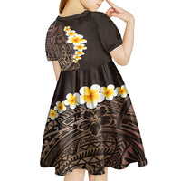 Brown Polynesia Kid Short Sleeve Dress Plumeria Tropical Leaves With Galaxy Polynesian Art - Wonder Print Shop
