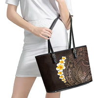 Brown Polynesia Leather Tote Bag Plumeria Tropical Leaves With Galaxy Polynesian Art - Wonder Print Shop