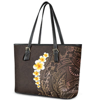 Brown Polynesia Leather Tote Bag Plumeria Tropical Leaves With Galaxy Polynesian Art - Wonder Print Shop