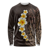 Brown Polynesia Long Sleeve Shirt Plumeria Tropical Leaves With Galaxy Polynesian Art - Wonder Print Shop
