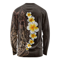 Brown Polynesia Long Sleeve Shirt Plumeria Tropical Leaves With Galaxy Polynesian Art - Wonder Print Shop