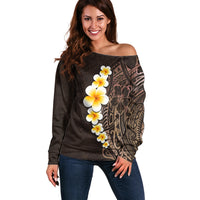 Brown Polynesia Off Shoulder Sweater Plumeria Tropical Leaves With Galaxy Polynesian Art - Wonder Print Shop