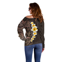 Brown Polynesia Off Shoulder Sweater Plumeria Tropical Leaves With Galaxy Polynesian Art - Wonder Print Shop