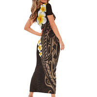 Brown Polynesia Short Sleeve Bodycon Dress Plumeria Tropical Leaves With Galaxy Polynesian Art - Wonder Print Shop