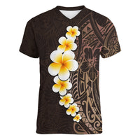 Brown Polynesia Women V Neck T Shirt Plumeria Tropical Leaves With Galaxy Polynesian Art - Wonder Print Shop