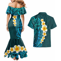 Turquosie Polynesia Couples Matching Mermaid Dress and Hawaiian Shirt Plumeria Tropical Leaves With Galaxy Polynesian Art - Wonder Print Shop