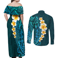 Turquosie Polynesia Couples Matching Off Shoulder Maxi Dress and Long Sleeve Button Shirt Plumeria Tropical Leaves With Galaxy Polynesian Art - Wonder Print Shop