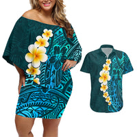 Turquosie Polynesia Couples Matching Off Shoulder Short Dress and Hawaiian Shirt Plumeria Tropical Leaves With Galaxy Polynesian Art - Wonder Print Shop