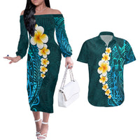 Turquosie Polynesia Couples Matching Off The Shoulder Long Sleeve Dress and Hawaiian Shirt Plumeria Tropical Leaves With Galaxy Polynesian Art - Wonder Print Shop