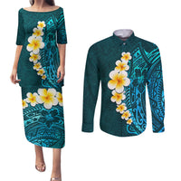Turquosie Polynesia Couples Matching Puletasi Dress and Long Sleeve Button Shirt Plumeria Tropical Leaves With Galaxy Polynesian Art - Wonder Print Shop