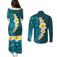 Turquosie Polynesia Couples Matching Puletasi Dress and Long Sleeve Button Shirt Plumeria Tropical Leaves With Galaxy Polynesian Art - Wonder Print Shop