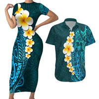 Turquosie Polynesia Couples Matching Short Sleeve Bodycon Dress and Hawaiian Shirt Plumeria Tropical Leaves With Galaxy Polynesian Art - Wonder Print Shop
